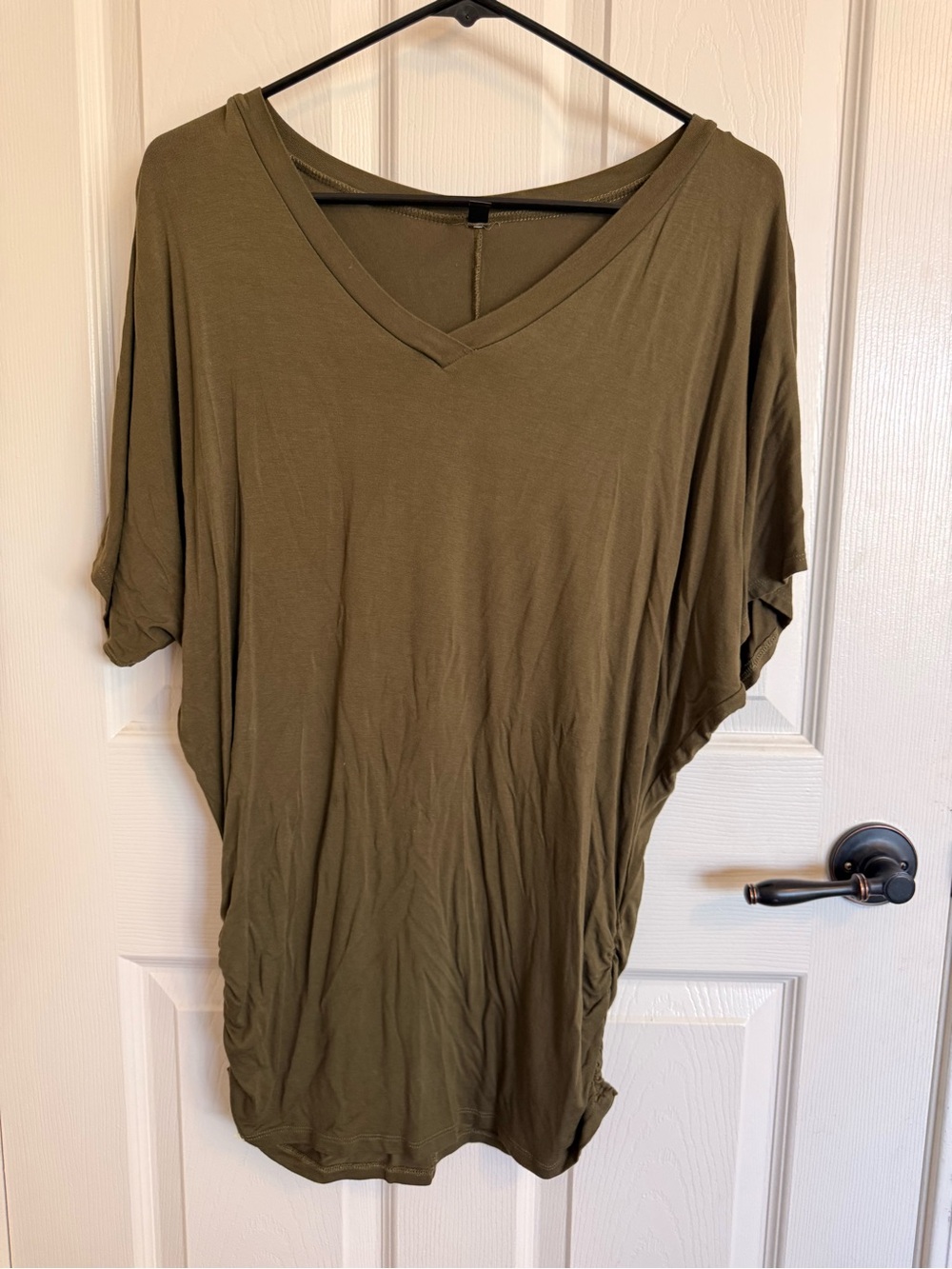 Made by Johnny XL Olive Green Dolman Batwing V Neck Ruched Tunic Top